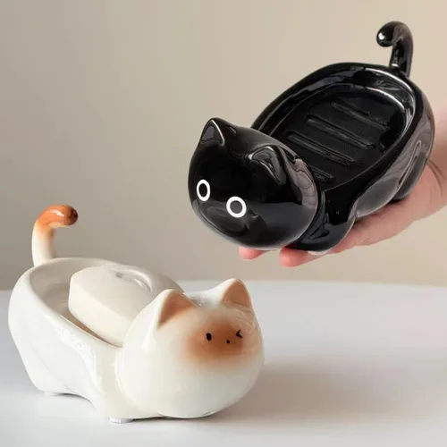 Vista 5 de Jabonera de cerámica para gatos, barra autodrenante para ducha, bandeja de jabón decorativa para lavabo de baño, encimera de cocina, bandeja Negro