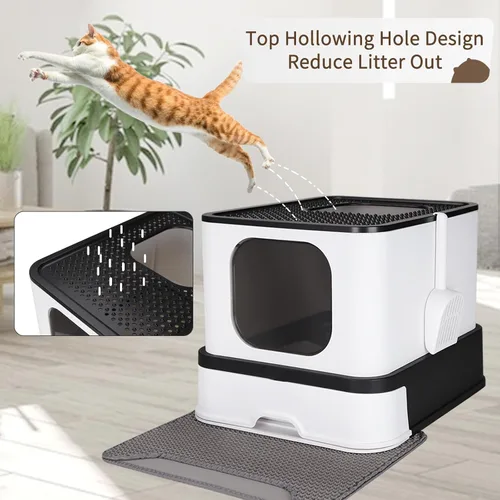 Vista 6 de RIZZARI Caja de acero inoxidable para gatos: bandeja de arena cerrada de gran capacidad negra con paredes altas, revestimiento de teflón
