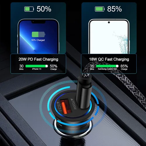 Vista 3 de Cargador del coche del USB C, puerto dual del adaptador del cargador del coche de la carga rápida 38W PD&QC 3,0 Cigarette Lighter USB Plug for