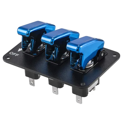 Vista 3 de Panel de interruptor de palanca, interruptor de encendido universal de 12 V, cubierta de 3 filas, revestimiento azul, panel de superficie anodizada