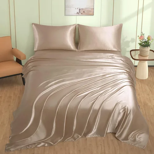 Vista 2 de VACVELT Juego de 3 sábanas de satén color beige tamaño individual, juego de ropa de cama, sábana bajera de satén sedoso con bolsillo profundo de 15