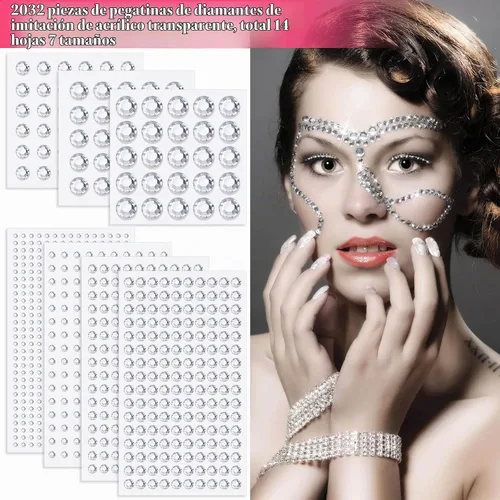 Vista 3 de 2032 Piezas de Gemas Adhesivas para la Cara, Cridoz Gemas para el Cabello, Piedras de Rino de Rhinestones, Bling Joyas para Maquillaje Diamantes
