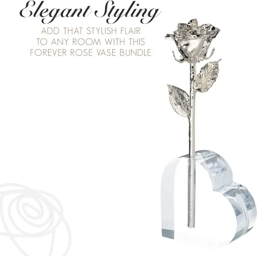 Vista 4 de Forever Rose - Rosa real sumergida en plata, rosa preservada hecha a mano en jarrón de corazón acrílico y lujosa caja de regalo dorada, regalo