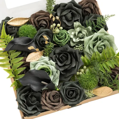 Vista 32 de Ling's moment Caja de flores artificiales, tallos de follaje artificial falso, rosas de espuma, dalia de seda, hierba de pampas, flor de tela