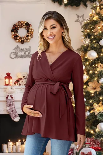 Vista 3 de OUGES Túnicas de maternidad para mujer, camisas de manga larga, cuello en V, ropa de maternidad de enfermería, blusa casual de embarazo