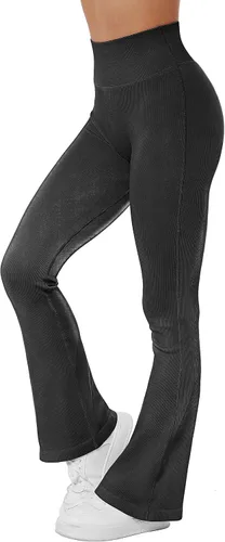 Vista 7 de MOSHENGQI Leggings acampanados acanalados para mujer, pantalones de yoga sin costuras de cintura alta