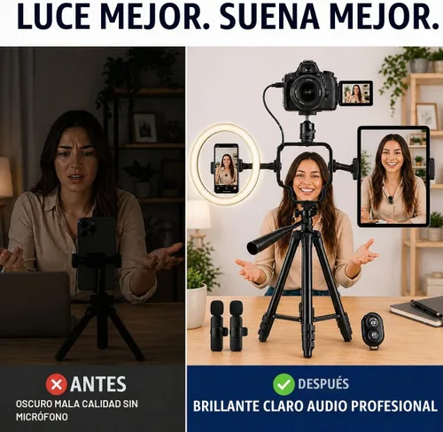 Vista 6 de Acuvar Kit de vlogging con trípode de luz de anillo – Kit de creación de contenido para iPhone, Android y tabletas, micrófono, control remoto