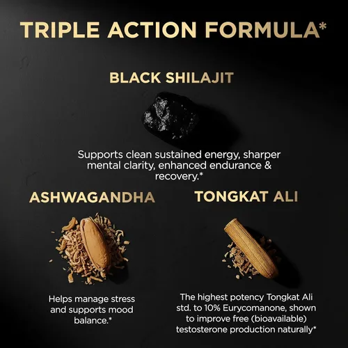 Vista 4 de Shilajit negro de 100 veces de fuerza para hombres con 10% Tongkat Ali y Ashwagandha – Cápsulas de Shilajit de mayor potencia 60% ácido fúlvico puro