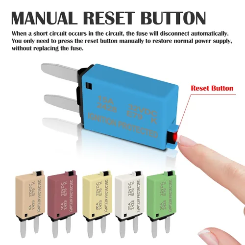 Vista 4 de Kit de fusibles de reinicio manual ATM Mini fusibles de perfil bajo 5A, 10A, 15A, 20A, 25A, 30A para disyuntores automotrices de 32 V CC, fusibles