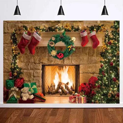 Vista 2 de 7 x 5 pies de fondo de fotografía para el día de Navidad, estilo vintage, chimenea, hoguera, árbol de Navidad, calcetines para reuniones familiares