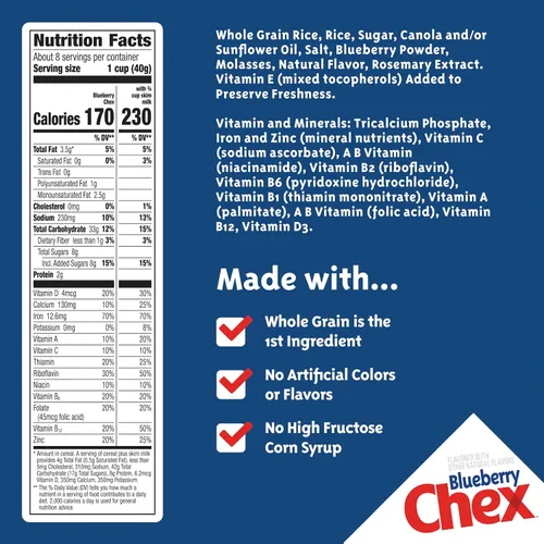 Vista 2 de Cereal de Arándanos Chex, Cereal para el desayuno sin gluten, hecho con grano integral, 12 onzas 0.35 onzas de grano entero por porción, buena