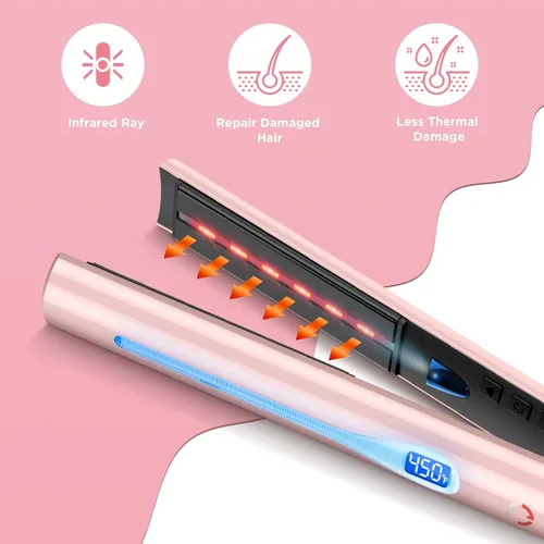 Vista 2 de IG INGLAM Plancha lisa para el cabello de titanio, rizador de pelo infrarrojo de 1 pulgada, plancha alisadora iónica negativa de voltaje dual con 11