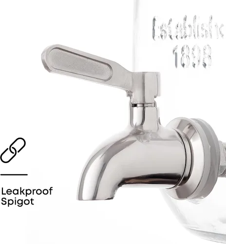 Vista 4 de Dispensador de bebidas de 1 galón. Dispensador de bebidas de vidrio con espita de acero inoxidable más cilindro de hielo e infusor de frutas.