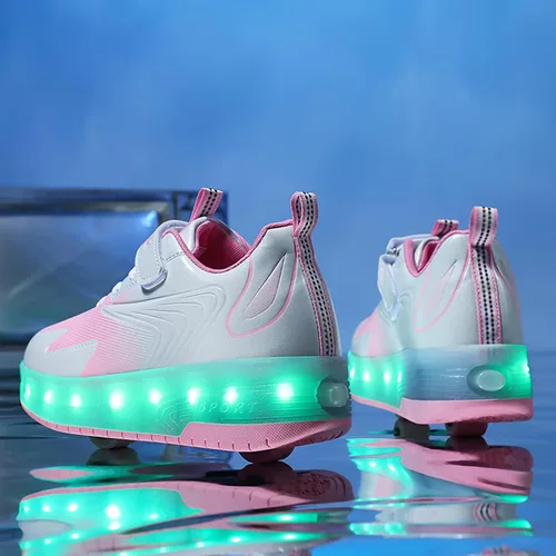 Vista 5 de HHSTS Zapatos para niños con ruedas, zapatos de color de luz LED, patines brillantes, zapatos de patinaje, regalos simples para niños y niñas