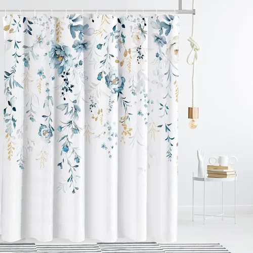 Vista 3 de Tititex Cortina de ducha estética floral azul, hojas doradas de acuarela en la parte superior, decoración de baño, juego de cortinas de ducha de 72