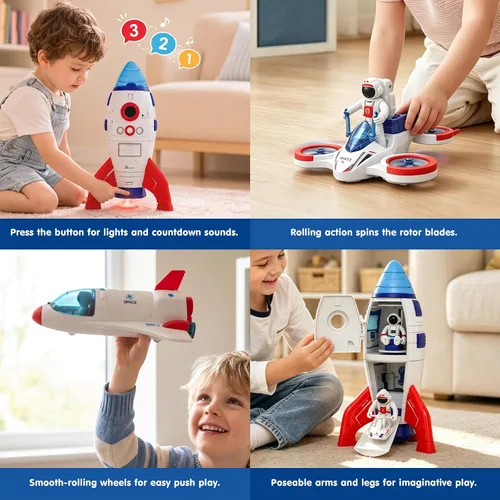 Vista 4 de AuntyFey Space Rocket and Shuttle Toy Set para niños con 2 figuras