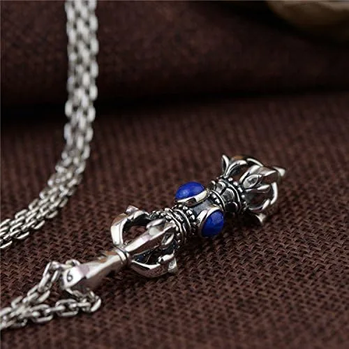 Vista 5 de Colgante vintage de plata de ley 925 budista Vajra Dorje con lapislázuli azul para hombres y mujeres M Metal Piedra