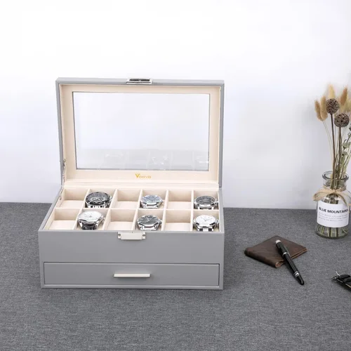 Vista 6 de Voova Joyero organizador de cajas de reloj para hombres y mujeres 2 capas grandes de 12 ranuras de piel sintética estuche de almacenamiento