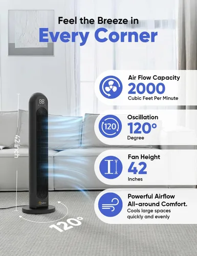 Vista 2 de EcoNour - Ventilador de torre inteligente con control WiFi y Alexa, ventilador personal de 42 pulgadas, oscilación de 120°, potente flujo de aire