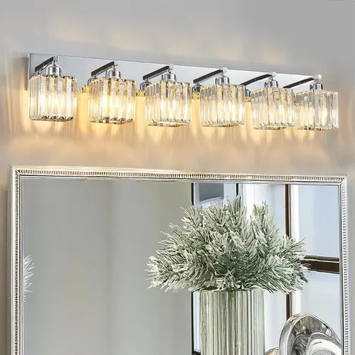 Vista 14 de Moderna lámpara de tocador de baño de 3 luces de cristal cromado moderno sobre espejo cromado iluminación de tocador de cristal aplique de pared