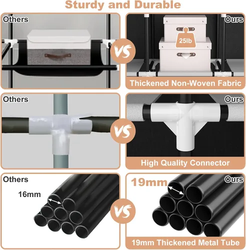 Vista 7 de VTRIN Armario portátil para colgar ropa con cubierta, 3 varillas colgantes, 6 estantes de almacenamiento y bolsillo lateral, Tubo de metal