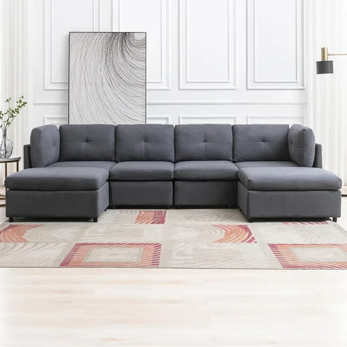 Vista 7 de Sofá modular seccional, sofá convertible en forma de U con otomanas extraíbles, diseño capitoné, sofá modular de 6 asientos para sala de estar, gris