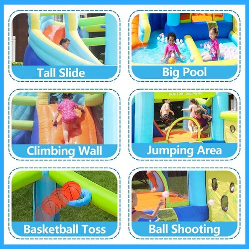 Vista 3 de Doctor Dolphin Tobogán acuático inflable, casa de rebote de agua para niños, casa de rebote de tobogán acuático para patio trasero, casa inflable