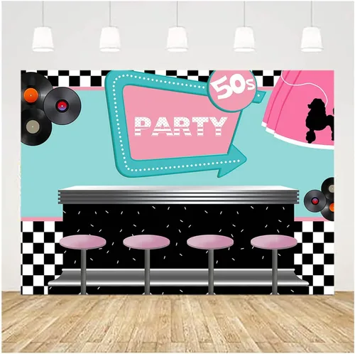 Vista 2 de 50's Soda Shop - Telón de fondo de vinilo para fiestas de regreso a los años 50, 5 x 3 pies con temática de los años 50, cartel para sesión de fotos