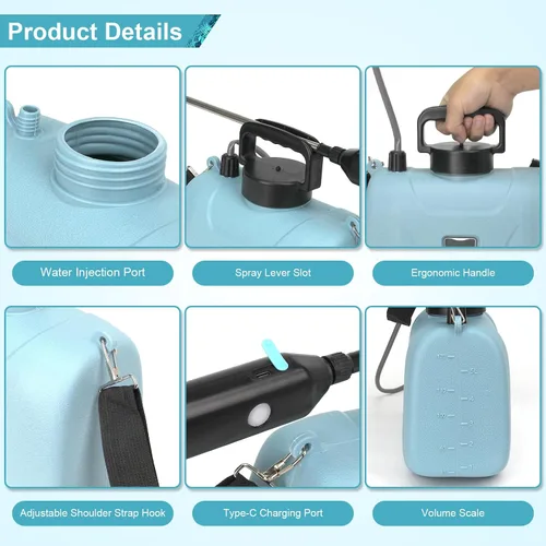 Vista 5 de SZHLUX Pulverizador a batería de 1.35 galones, pulverizador eléctrico mejorado con mango USB, varita telescópica, 3 boquillas de niebla y correa