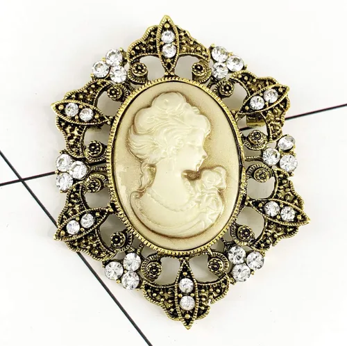 Vista 3 de SELOVO Vintage Lady Maiden Camafeo Broche Pin Set Antiqued Gold Tone, Cristal