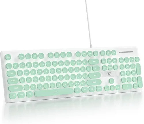 Vista 15 de Teclado de máquina de escribir retro con cable, teclado silencioso de computadora iluminado con 104 teclas redondas de tamaño completo, Azul