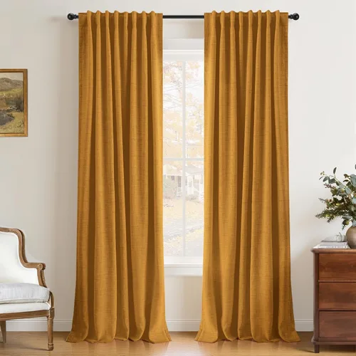 Vista 22 de INOVADAY Cortinas 100% opacas de 63 pulgadas de largo, juego de 2 paneles de lino con pestaña trasera, bolsillo para barra, cortinas opacas