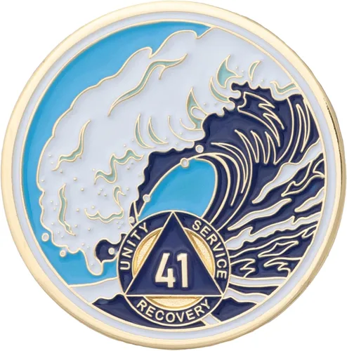 Vista 119 de Moneda AA de 1 año – Medallón de recuperación de ondas estrelladas de Sobriety Mint – azul/blanco/dorado