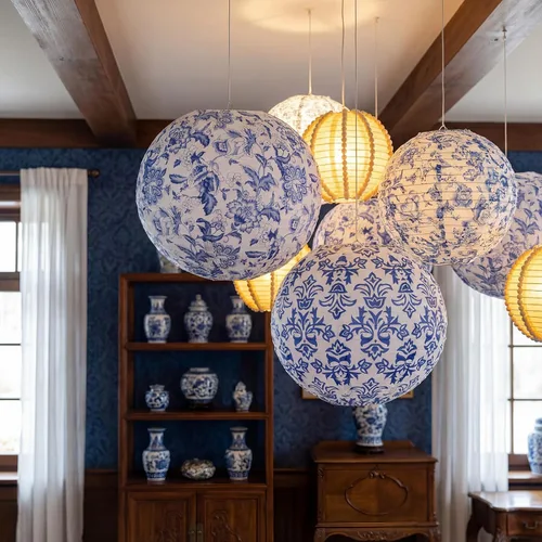 Vista 6 de Retisee 12 linternas de papel chinoiserie de 10 pulgadas con estampado de Azul