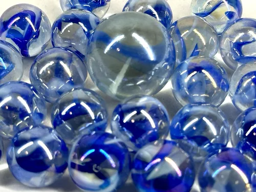 Vista 4 de ~25 canicas de cristal Caballito de mar naranja/remolino azul estilo clásico paquete de juego (24 jugadores, 1 tirador) decoración/relleno