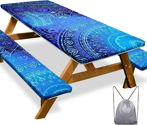 Vista 11 de Mantel de mesa de picnic con fundas de banco de 6 pies, 3 piezas, impermeable, resistente al viento, mantel de camping estético con bolsa