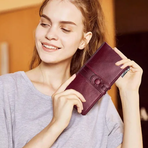 Vista 6 de ROULENS - Billetera de cuero genuino para mujer, con tarjetero, compartimiento para celular, chequera, monedero, con cremallera, cartera Rfid, L