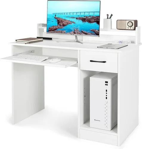 Vista 9 de Tangkula Escritorio para computadora con cajón y bandeja para teclado, escritorio de estudio moderno con gabinete de escritorio y estantes de Negro