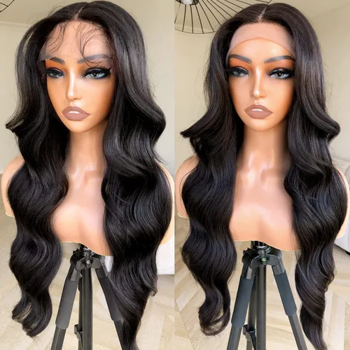 Vista 12 de Peluca de encaje frontal de 14 pulgadas con cuerpo ondulado de encaje HD, pelucas sin pegamento de cabello humano preestilizadas y precortadas Negro