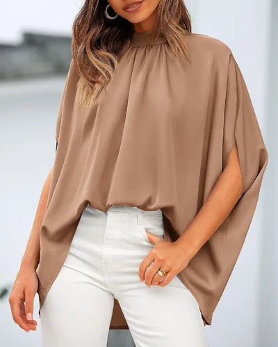 Vista 148 de BTFBM Blusas de verano para mujer, cuello alto falso, manga murciélago, holgadas, dobladillo alto y bajo, blusas informales de gran