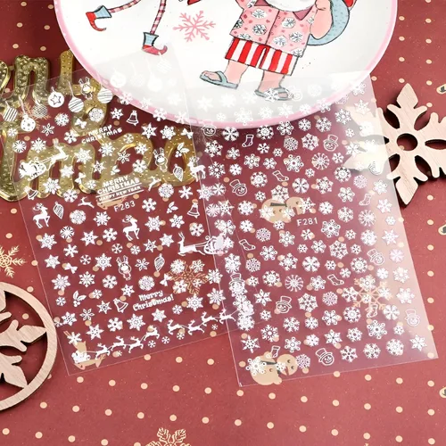 Vista 4 de 8 hojas de calcomanías de arte de uñas de copo de nieve, color blanco y dorado, calcomanías de uñas de Navidad autoadhesivas 3D, calcomanías de uñas