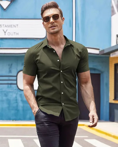Vista 3 de COOFANDY Camisas de vestir para hombre, sin arrugas, manga corta, casual, con botones