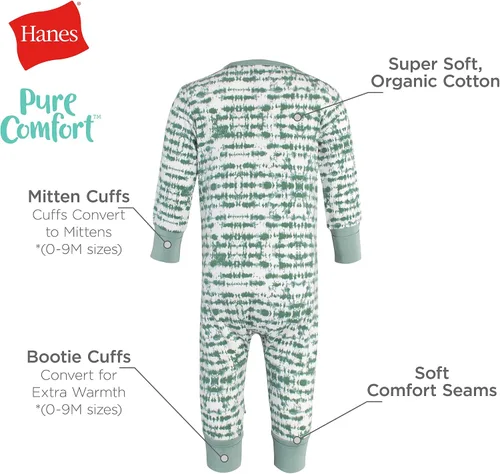 Vista 6 de Hanes Baby Pure Comfort Organic Playsuit, Sleep & Play Infant Long Sleeve Footless Cotton Pajamas, Boy & Girl