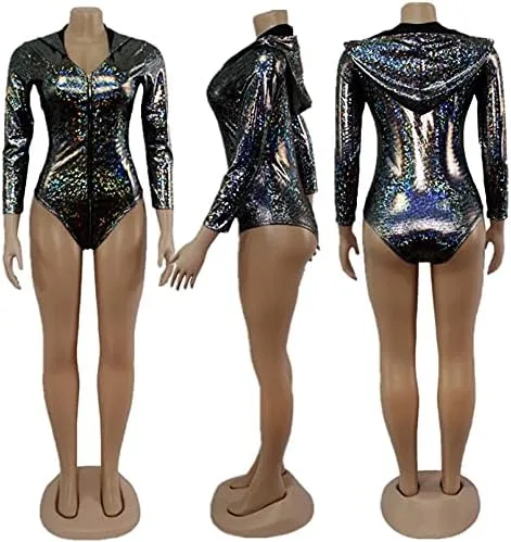 Vista 5 de RARITYUS Women Rave Hologram Hooded Bodysuit Romper Fashion Swimsuit Festival Costume Zip Up Long Sleeve Party Clubwear