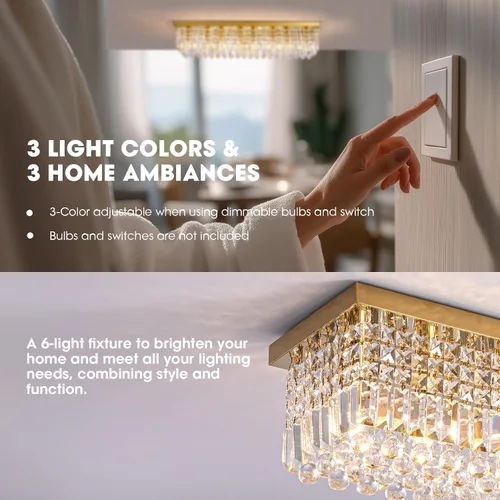 Vista 3 de Candelabros Modernos de Cristal para Lámpara de Comedor, Candelabro de Techo Rectangular Dorado de 6 Luces para Isla de Cocina y Sala de Estar