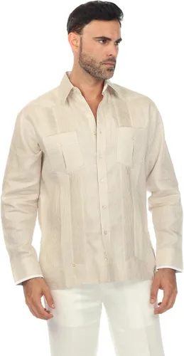 Vista 2 de Mojito - Guayabera de manga larga para hombre, 100% lino, panel de contraste y pliegues tonales