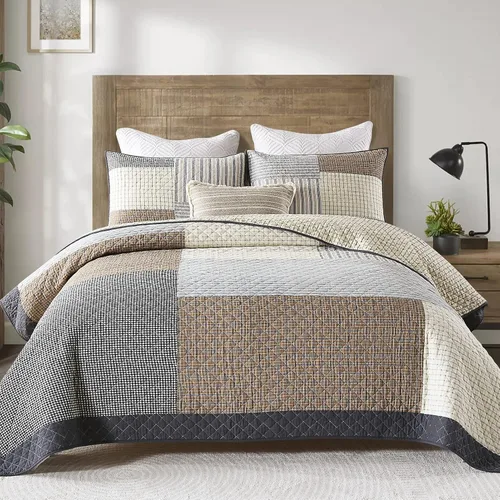Finlonte Colchas tamaño Queen 100% algodón, ligero y suave, edredón de retazos reales a cuadros, colcha acolchada, marrón, beige, gris, reversible