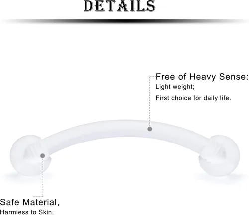 Vista 5 de 16G - Piercing de plástico transparente para cejas, ojos de serpiente, lengua, acrílico, bioflex, cartílago, hélix, tragus, pezón, vientre, labio