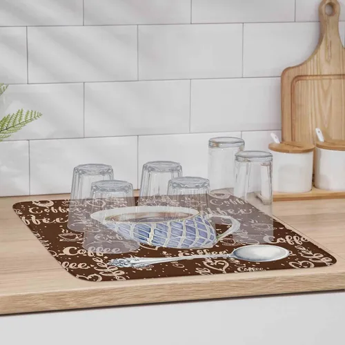 Vista 4 de Tapete de secado de platos con temática de café para encimera de cocina, almohadillas de microfibra para tazas de café, rústicas, estilo rústico