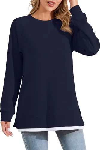 Vista 3 de YSYOKOW Women Crewneck Sweatshirt Long Sleeve Pullover Trendy Side Slit Tunic Casual Color Block Tops